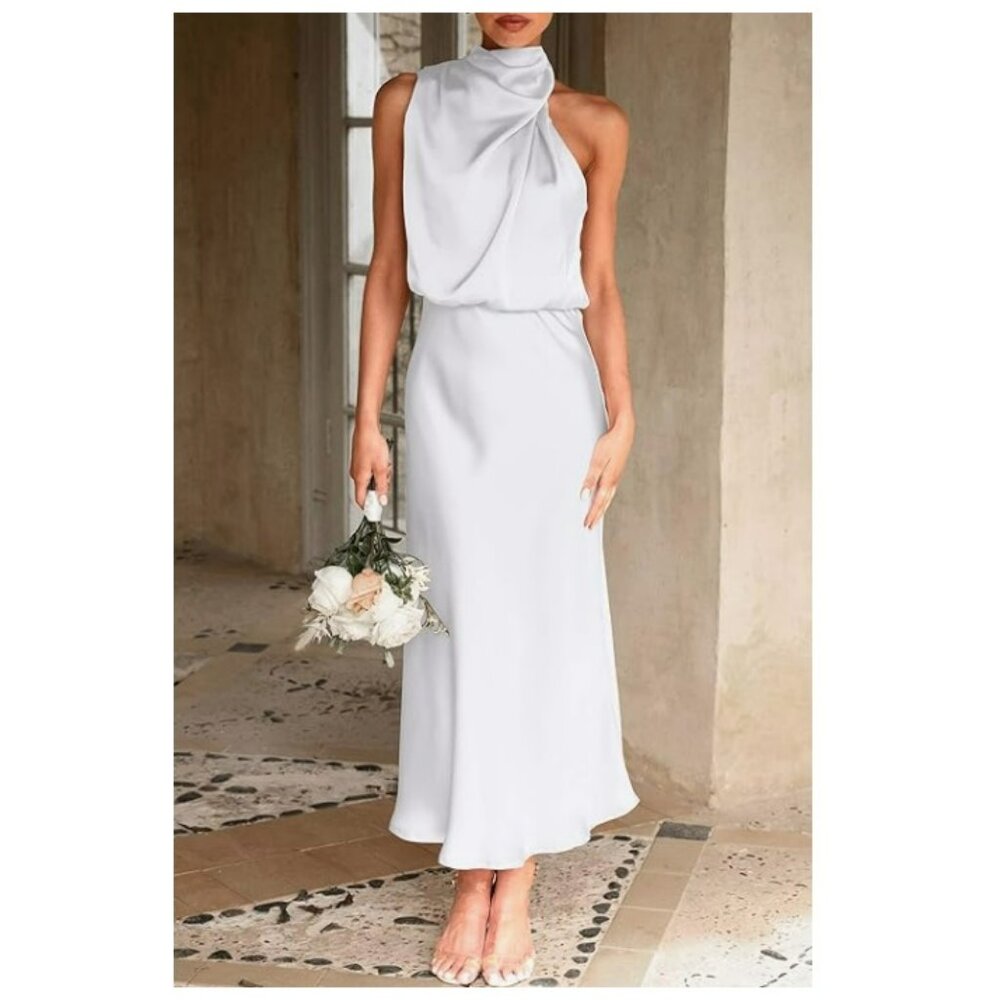 Pretty Garden White Satin Mock Neck Maxi Dress Sz XXL